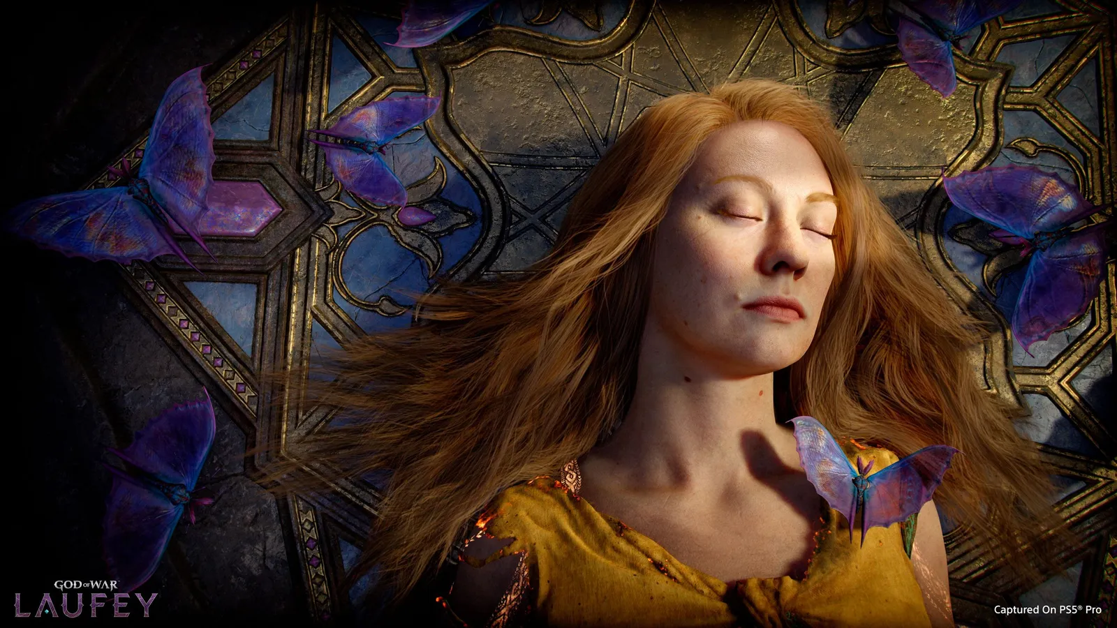 Laufey lies with her eyes closed against an ornate golden and blue carved backdrop while purple butterflies drift around her