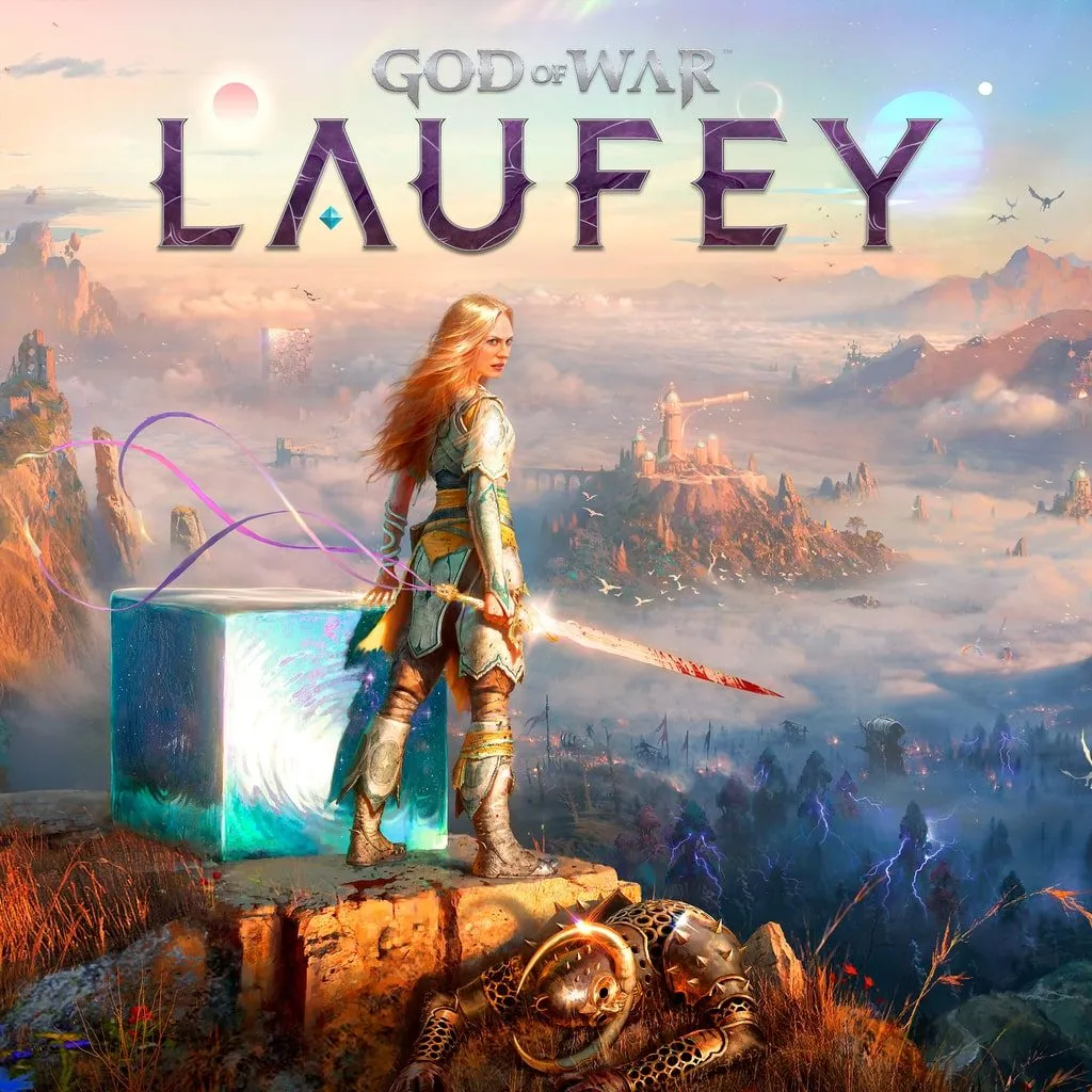 Character key art of Laufey with silver hair in golden armor holding a glowing golden sword