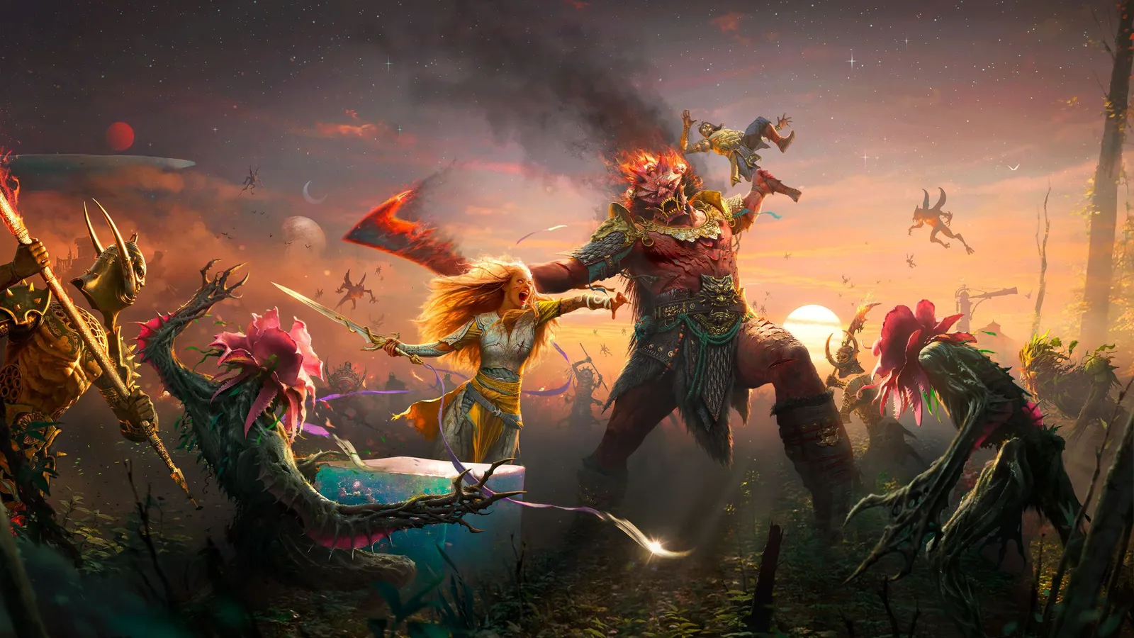 Painted key art of Faye in white and gold armor slashing with her sword while a massive flaming-haired red ogre hurls a figure through the air